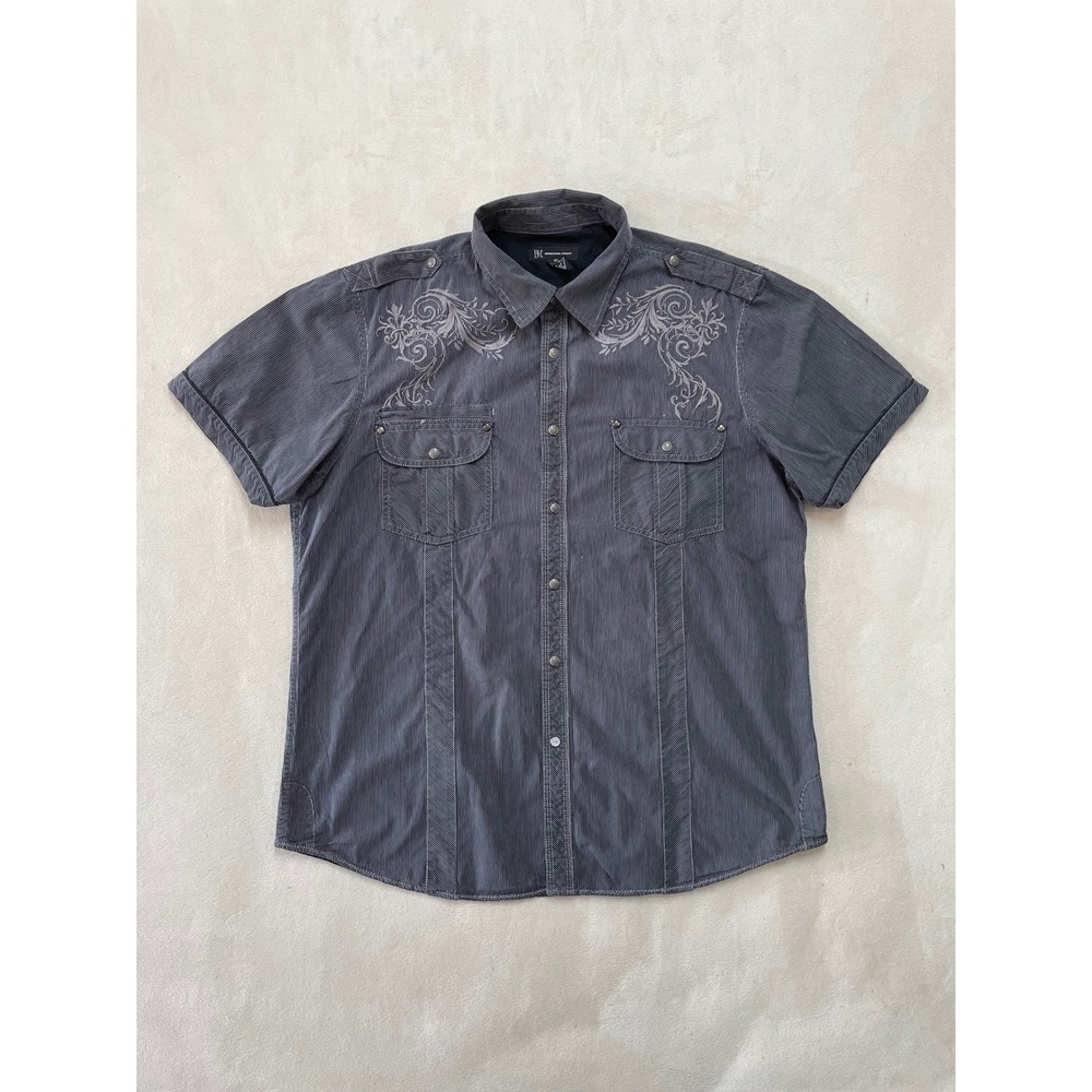 INC International Concepts Mens XL Gray Pinstripe Embroidered Western Snap Shirt